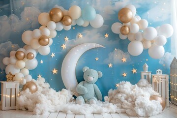 A baby room with a teddy bear and a blue and white theme