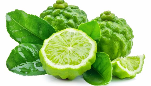 Isolated on a white background a halved slice of bergamot or kaffir lime with a green leaf