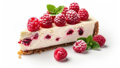 Isolated white background cheesecake with raspberries and mint