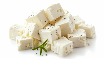 Isolated white background with feta cheese pieces