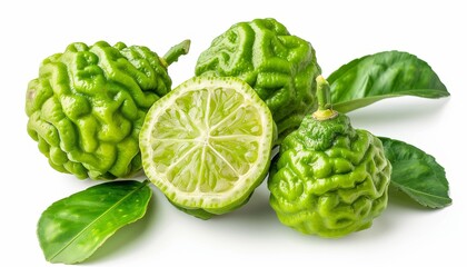 Fototapeta premium Isolated white background with fresh bergamot or kaffir lime and green leaf