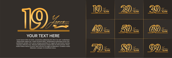 anniversary logotype set vector, golden line color for special day celebration
