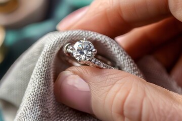 Jeweler cleaning diamond ring with cloth