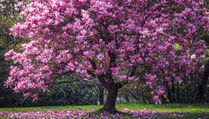 Krakow s pink magnolia tree is blooming creating a beautiful nature background with pink flowers and green leaves