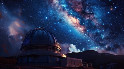 an observatory under a fantastic galaxy starry sky