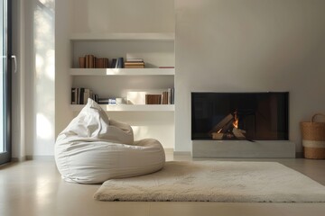 Light living room with fireplace bean bag chair and shelving unit