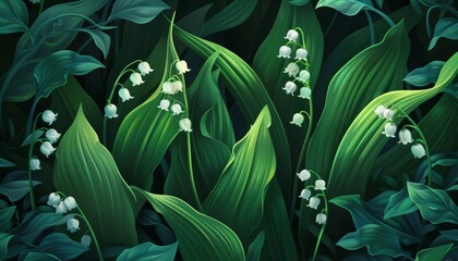Lily of the valley s white flowers with green leaves in the background