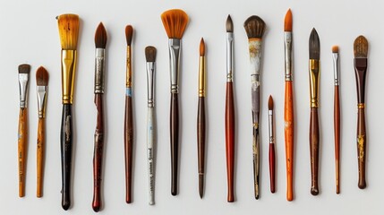 Fototapeta premium A row of small painting brushes isolated on a white background.