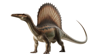 Fototapeta premium A realistic image of an isolated Spinosaurus, a large carnivorous dinosaur with a distinctive sail on its back and a long snout.