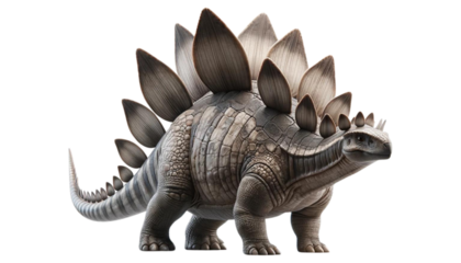 A realistic image of an isolated Stegosaurus, a large herbivorous dinosaur with distinctive back plates and tail spikes.