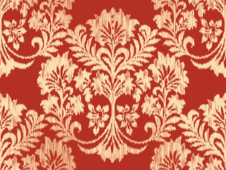 Abstract Traditional Scribble Style Hand Drawn Ikat Seamless Vector Pattern Trendy Fashion Colors Perfect for Allover Fabric Print or Wall Paper Damask Ethnic Concept Bright Orange White Tones