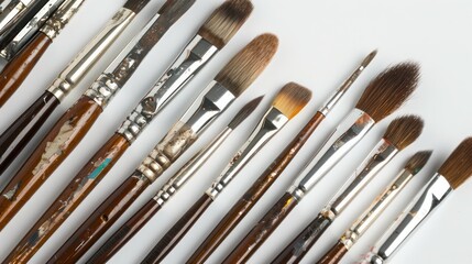 Fototapeta premium A row of small painting brushes isolated on a white background.