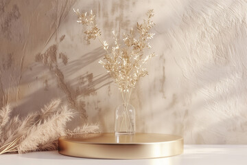 An elegant golden podium with a textured white background, ideal for showcasing high-end beauty products.