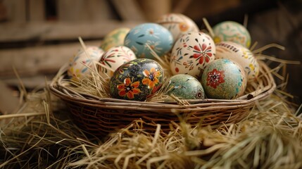Obraz premium Eggs adorned for Easter in a basket