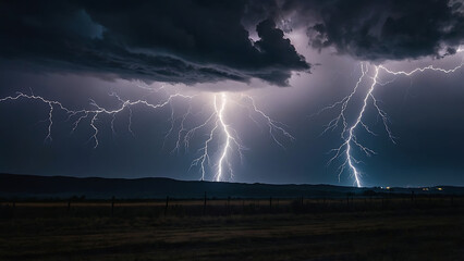 Powerful Lightning Storm Over City Power Lines at Night