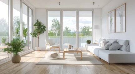 Fototapeta premium Modern Scandinavian home interior with light wood flooring, minimalist white furniture, and large windows letting in natural light
