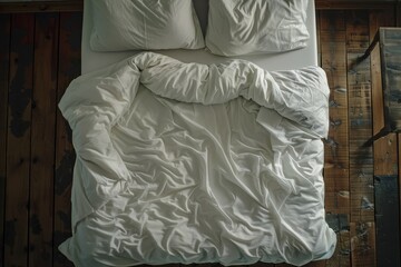 Luxurious white bedding on a stylish bed viewed from above