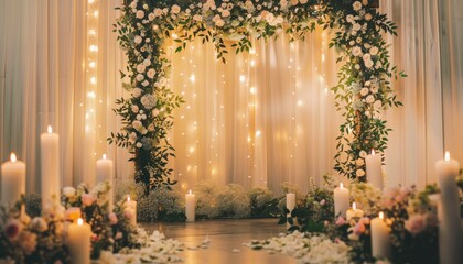 Luxurious wedding reception with trendy decor featuring a photo wall candle and flower decorations and greenery