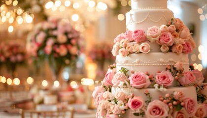 Fototapeta premium Luxurious wedding reception featuring a rose adorned cake