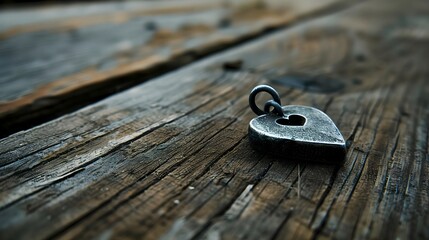 Lock in the shape of heart, symbolizing love forever, lying on wooden table, greeting card, banner style, copy space
