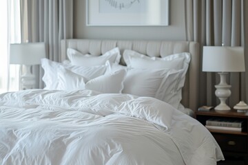 Luxury bedroom with white bedding and furniture details bed linen laundry service available