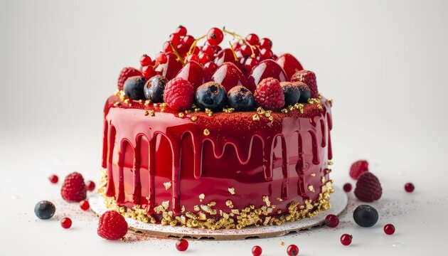 Luxurious red cake adorned with golden decoration and berries atop a white backdrop for a significant occasion