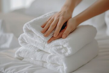 Maid arranging fresh towels on hotel bed