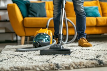 Male janitor vacuuming living room carpet