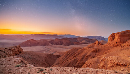Obraz premium A scenic view of sunrise over the Martian-like landscape with a star-filled sky.