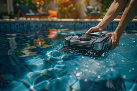 Man removing robotic pool cleaner by hand Automatic pool robot for cleaning floors and walls sucking up dirt from bottom