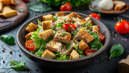 Meat free chicken lettuce cherry tomatoes and croutons in a vegetarian Caesar salad