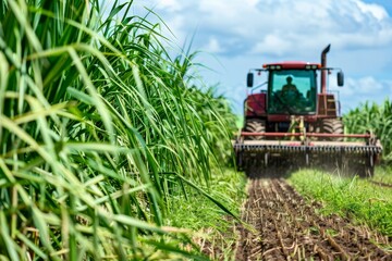 Obraz premium Mechanical harvesting at sugar cane plantation