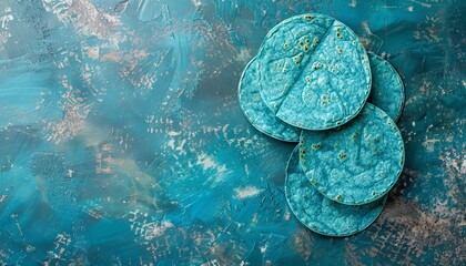 Mexican blue corn tortilla on a turquoise backdrop