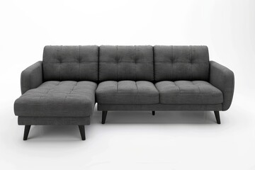 Minimalist L shaped 3 seater sofa in dark grey fabric with black wooden legs isolated on white