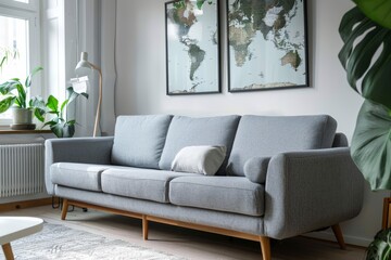 Fototapeta premium Minimalist living room with a gray sofa wood legs and map posters on white wall