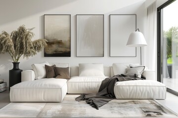 Minimalist white interior design with modern posters and white sofa for a high quality photo