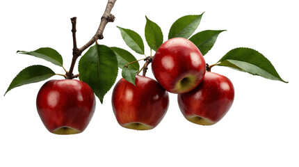 Apple on stalk with green leaves isolated on transparent background