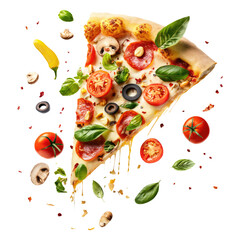 Flying pizza slice with ingredients isolated on transparent white background, clipping path