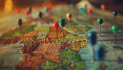 Selective focus retro style image of map with pins indicating travel destinations or locations