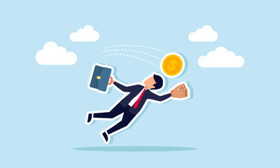 Seizing investment opportunities, catching bargain stocks, and grabbing winning profits, concept of Businessman leaping to catch a golden coin with a baseball glove