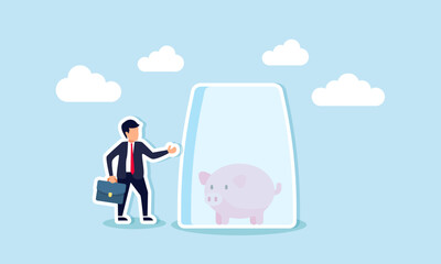 Protect your money from inflation with insurance and financial security, concept of Businessman stands with wealthy piggy bank under a glass dome for strong protection