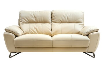 Fototapeta premium Modern cream leather sofa on white background front view in studio