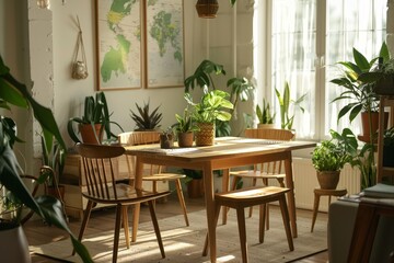 Modern dining room with stylish botany interior featuring wooden table chairs plants window map poster and elegant accessories