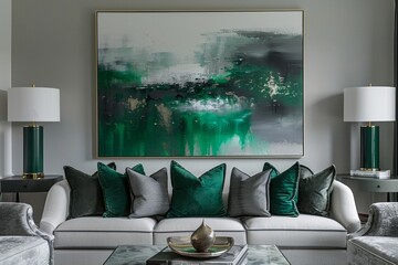 Modern emerald green and grey living room with abstract artwork