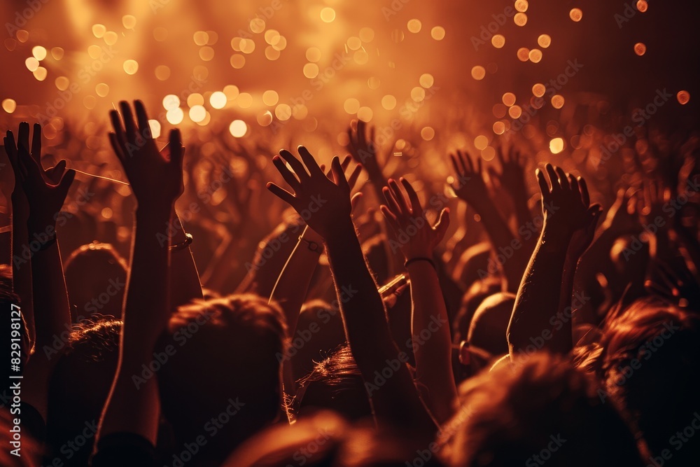 Wall mural retro photo of joyous crowd at rock concert lively nightlife vibe