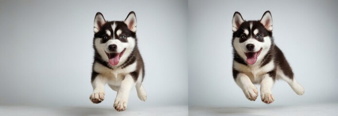 Funny husky or pet dog playing, jumping and looking happy during pretend play. Cute and happy crazy dog ​​head smiling 