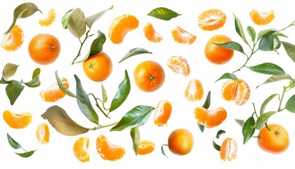 Ripe mandarins with leaves flying isolated on white