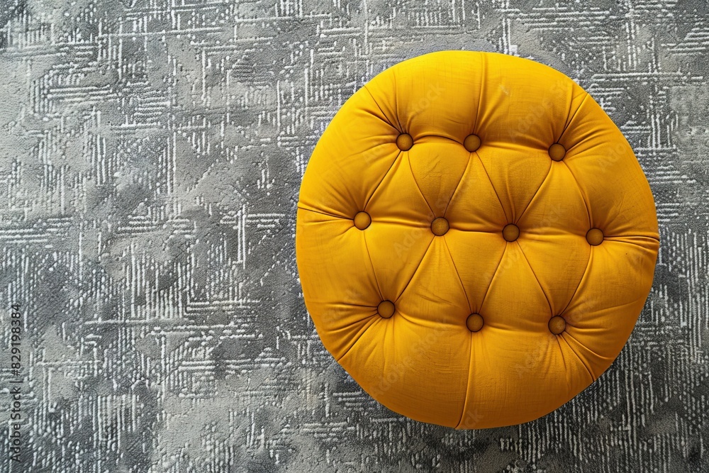 Sticker Round yellow fabric pouf with buttons and squares top view Gray carpet in background