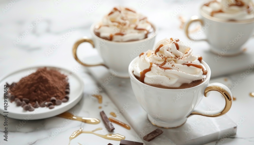 Sticker Salted caramel and whipped cream top hot chocolate served in vintage cups on a marble table