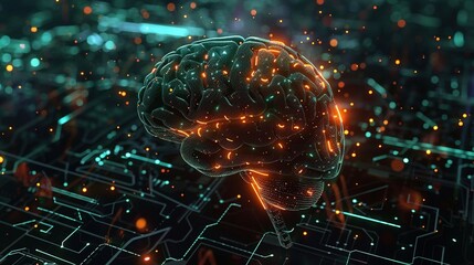 Neon Glow Brain on Black Background - Hi-Tech Human in Green Cyan Orange
